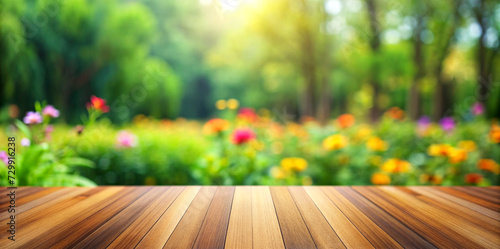 wooden table platform with blurry garden background