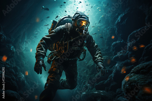 A diver exploring the depths of the ocean, symbolizing the freedom to explore the mysteries and wonders of the world. Generative Ai.