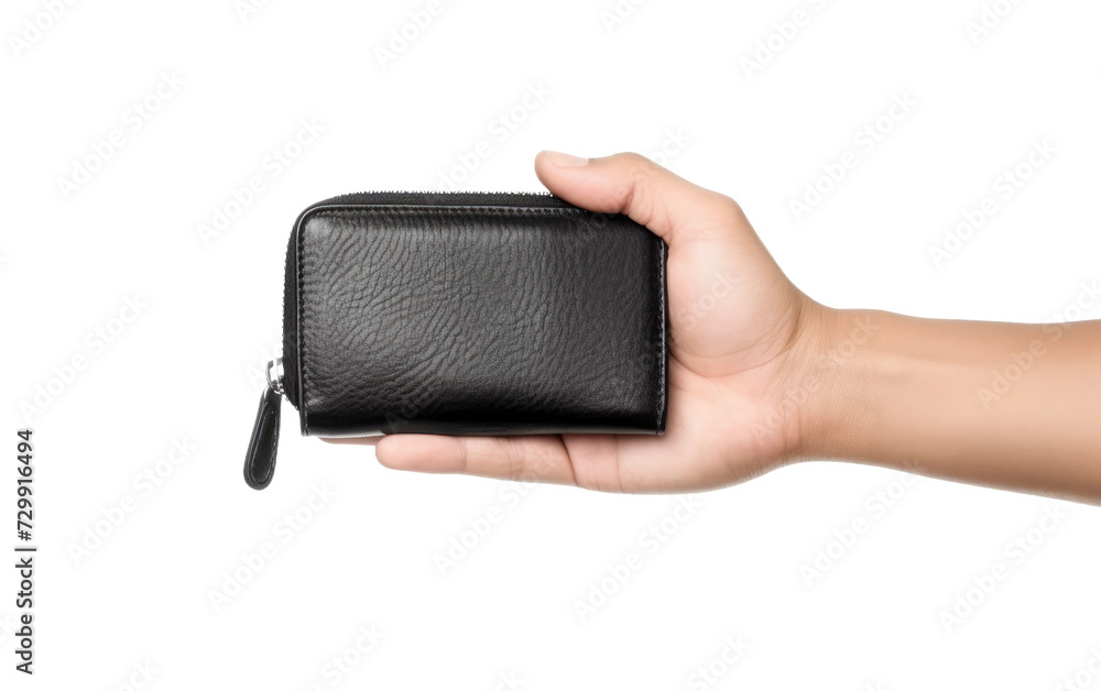 Naklejka premium Male Hands Holding an Empty Black Wallet, Portraying an Economic Void on a White or Clear Surface PNG Transparent Background.