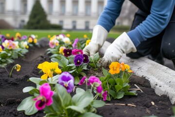gardener planting spring flowers at city hall