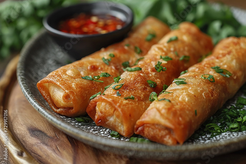 Homemade spring rolls on plate. Close-up