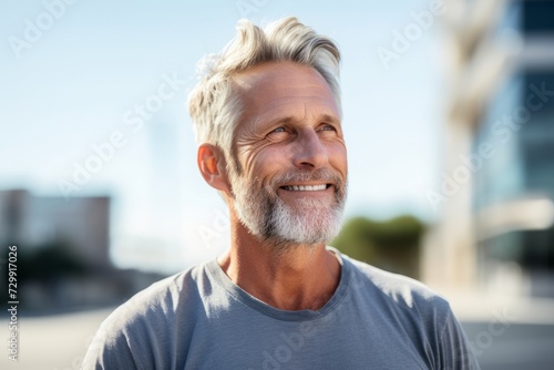 Portrait of handsome senior man with grey hair and beard smiling outdoors