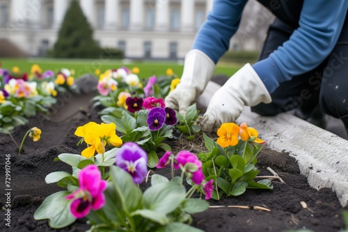 gardener planting spring flowers at city hall photo