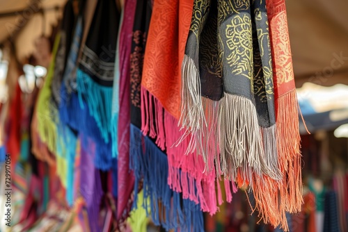 scarves with fringes swaying on a breeze in an openair market