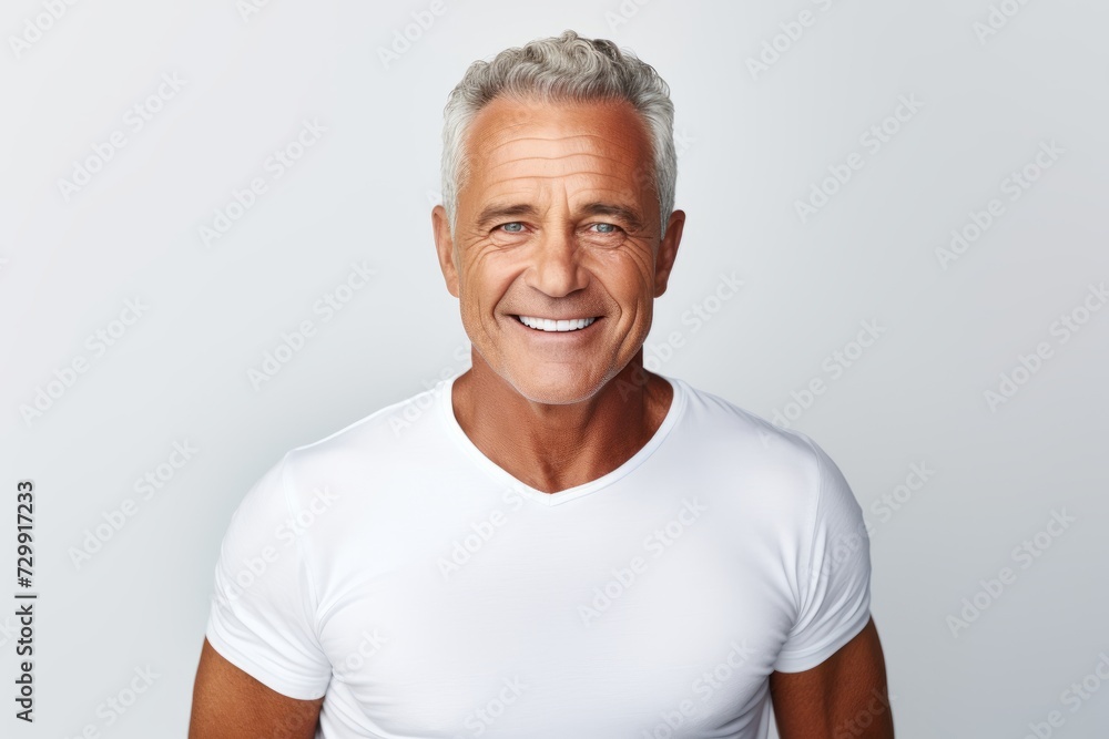 Handsome mature man smiling and looking at the camera while standing against grey background Handsome mature man smiling and looking at the camera while standing against grey background