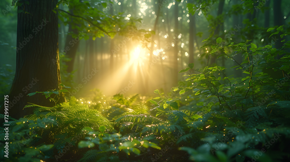 A tranquil forest, with lush greenery as the background, during a peaceful sunrise