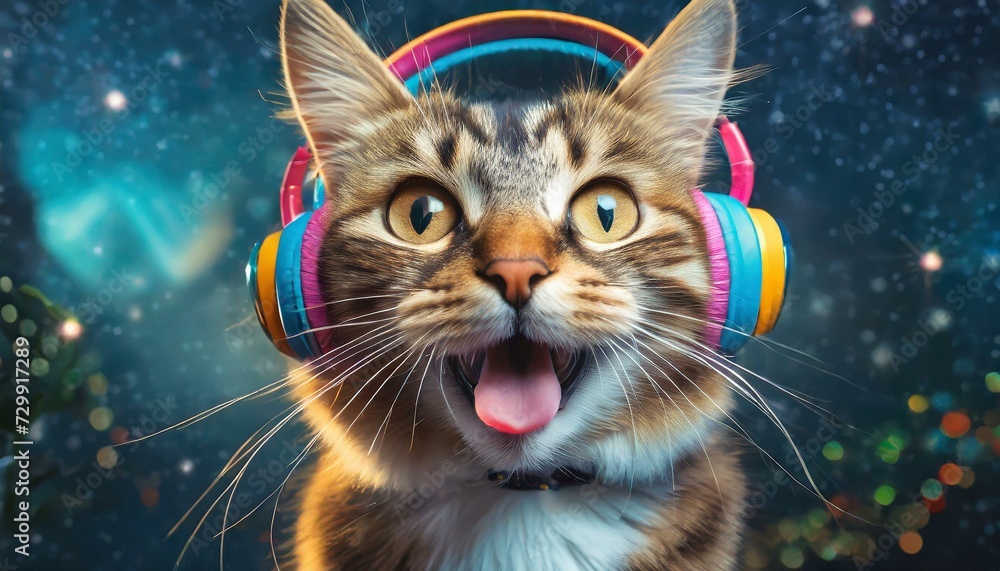 funky cat with colorful headphones