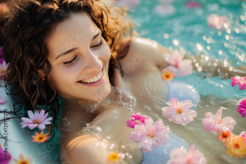 Beautiful happy smiling woman enjoying hot tub with flowers