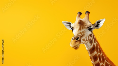 Fototapeta Giraffe Head Isolated on Yellow Background, Ideal for Nature Themes and Educational Materials