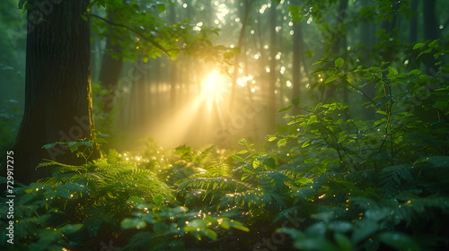 A tranquil forest, with lush greenery as the background, during a peaceful sunrise