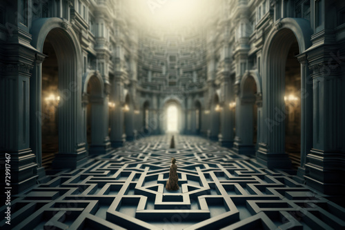 A labyrinth transforming into an open door, symbolizing the transformative power of innovative ideas to overcome challenges. Generative Ai.