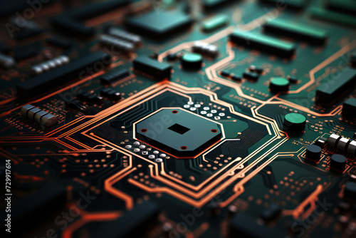 A circuit board forming intricate patterns, portraying the complexity and interconnectedness inherent in advanced concepts. Generative Ai.