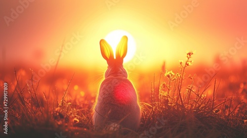 Easter Sunrise: A radiant sunburst behind an Easter bunny silhouette, symboli...