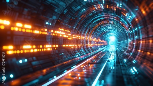 Futuristic tunnels of light and data, symbolizing technological advancement.