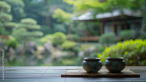 Enjoying a traditional tea ceremony in a tranquil Japanese garden. large copy...