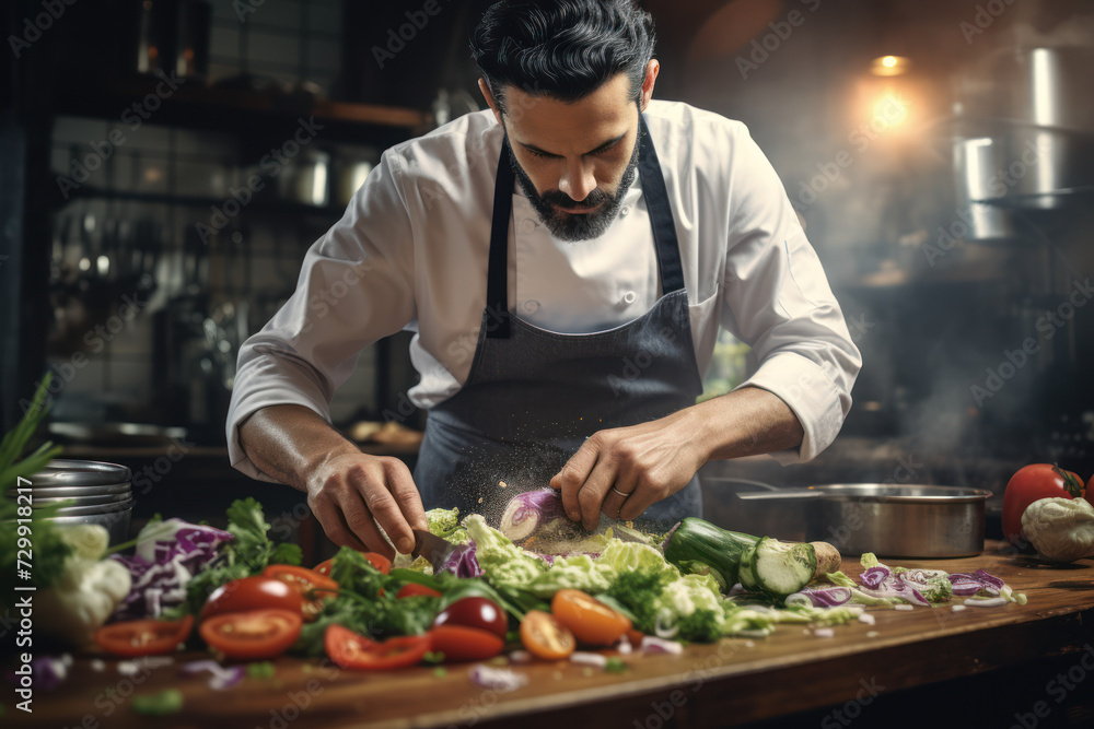 A chef skillfully chopping vegetables in a busy kitchen, illustrating the precision and craftsmanship in the culinary profession. Generative Ai.