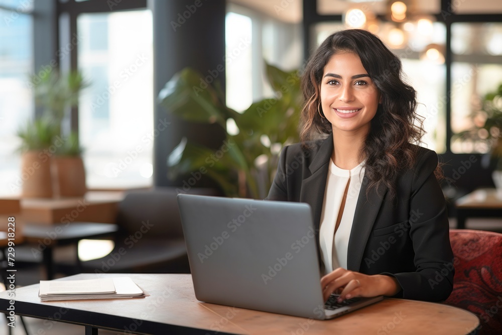 Indian business woman working on a laptop in a bright, open workspace. A young Indian student or remote teacher is working in online education, flexibility of remote work Indian business woman working on a laptop in a bright, open workspace. A young Indian student or remote teacher is working in online education, flexibility of remote work