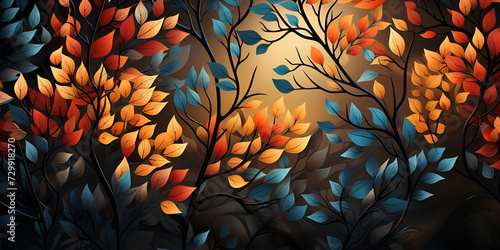 Fall forest hike colorful leaves tranquil nature. Wall hanging branches seamless pattern leaves fall with bright color flowers illustration background