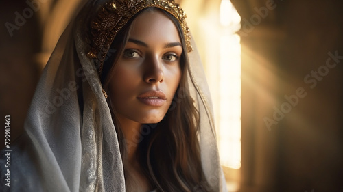 Portrait of a sexy Anglo-Saxon girl Queen in an old English castle. photo