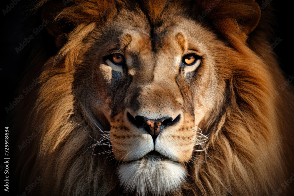 Photo of a lion's nose with surrounding whiskers and mane