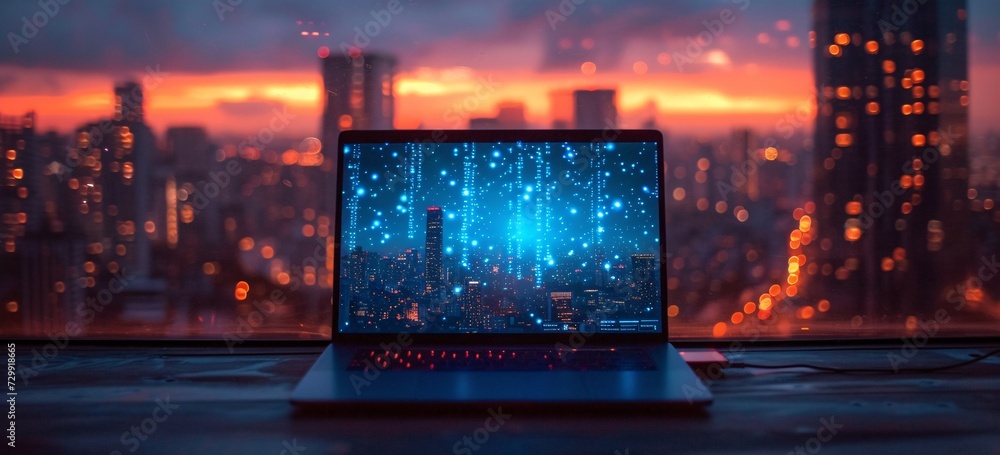 Glowing Cityscape at Sunset A Laptop's Digital Display of Lights Generative AI Glowing Cityscape at Sunset A Laptop's Digital Display of Lights Generative AI