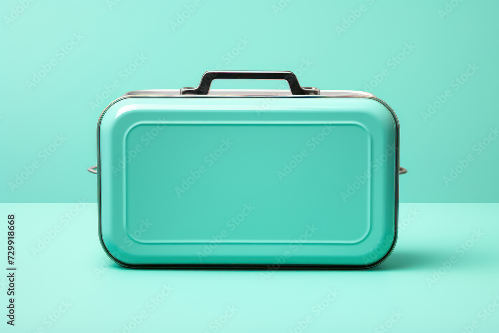 A metal lunchbox containing a healthy meal, on a solid teal background, promoting package-free meal prep A metal lunchbox containing a healthy meal, on a solid teal background, promoting package-free meal prep