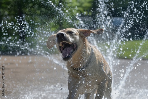 splashes surround a joyful dog shaking by a sprinkler