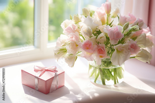 
Petite heart-shaped ring in an open pastel pink gift box, next to a posy of sweet peas, on a white windowsill with sunlight streaming in