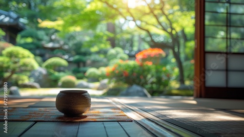 Enjoying a traditional tea ceremony in a tranquil Japanese garden. large copy...
