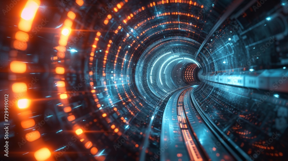 Futuristic tunnels of light and data, symbolizing technological advancement.