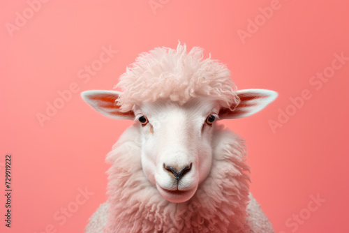  Photo of a sheep's fuzzy ears poking up from the bottom, with a pastel coral backdrop soft pink