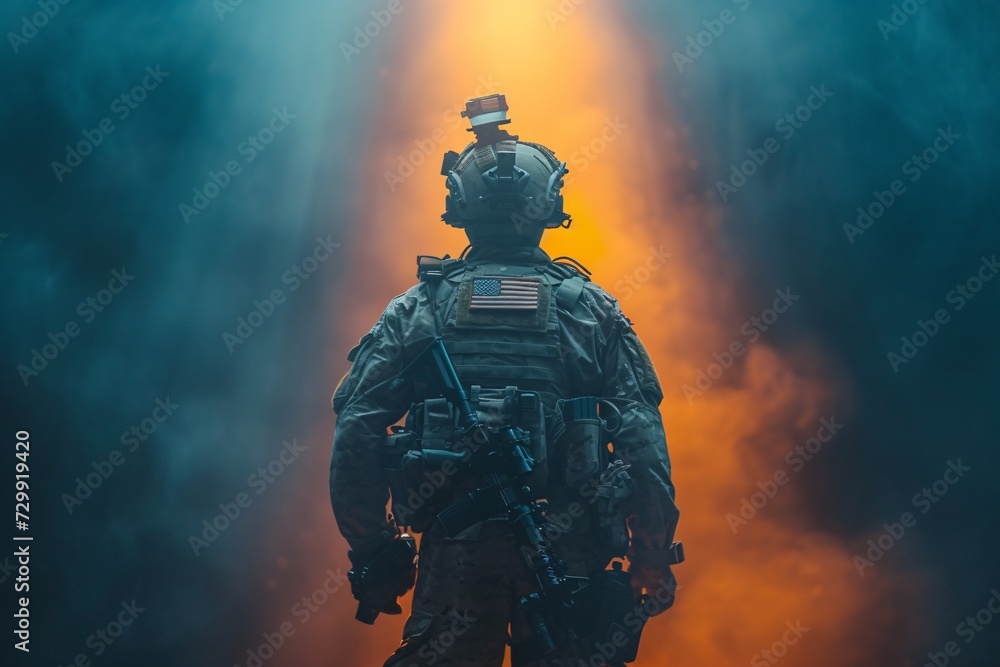 Soldier in Camo with Gun, Ready for Action in the Fog Generative AI