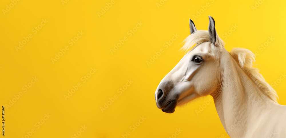Horse's head sticking up from the bottom, against a pastel yellow copy space background