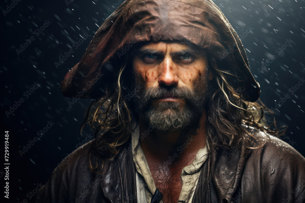 Hispanic male pirate, approximately 32 years old, with a fierce look, captured during a storm at sea, vintage feel Hispanic male pirate, approximately 32 years old, with a fierce look, captured during a storm at sea, vintage feel