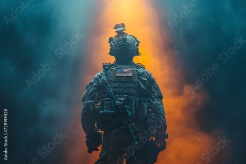 Soldier in Camo with Gun, Ready for Action in the Fog Generative AI © Mandeep