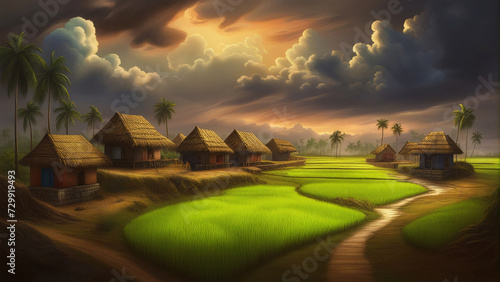 A small village with thatched huts in the middle of a paddy field. photo