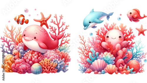 Watercolor of animal underwater sea, Marine life.