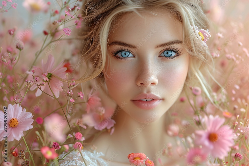 April Showers - A beautiful blonde woman with blue eyes and pink lips, surrounded by pink flowers, showcasing her natural beauty and elegance. Generative AI