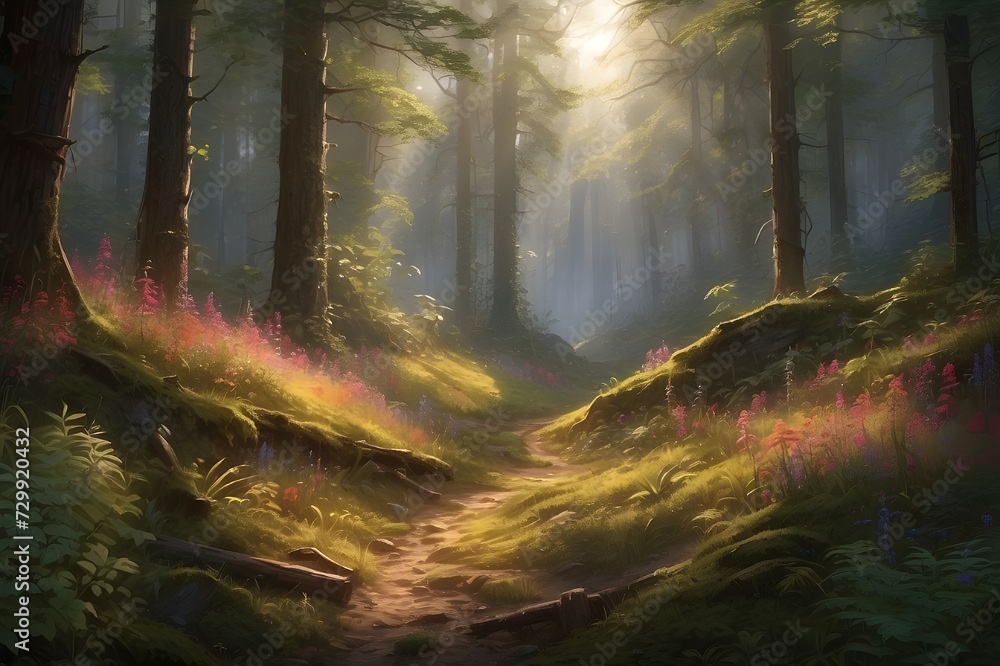 The image depicts a forest trail with tall trees and bright sky shining through. The group is covered in green grass and pink flowers,autumn forest in the fog