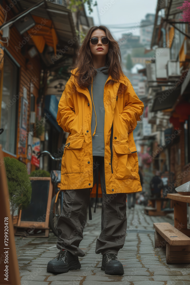 A street style fashion photo in vertical format, showcasing the outfit in an urban setting. Concept of street fashion photography for vertical social media platforms. Generative Ai.