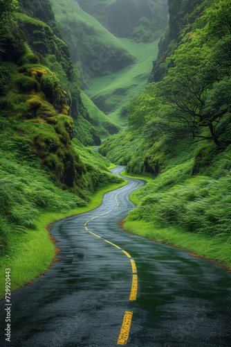 A vertical format photo of a long, winding road, leading the viewer's eye through the scene. Concept of perspective in vertical landscape photography. Generative Ai.