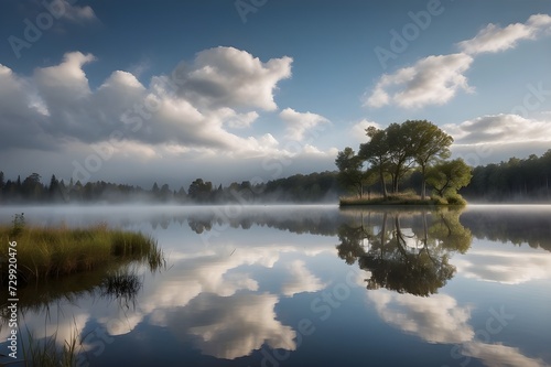 A calm lake with a tree island, surrounded by clouds and fog.,reflection of clouds on the lake photo