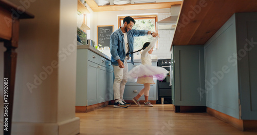 Fotografija Support, love and ballet girl bonding with father in a kitchen together, excited and playing as a dancer pr ballerina