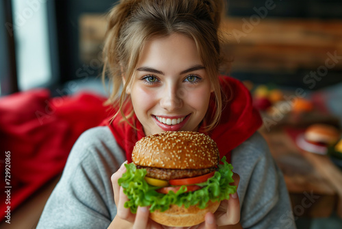 Beautiful young woman eating a big hamburger.