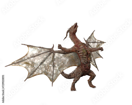 Fantasy undead zombie lich dragon creature standing with wings spread roaring at the sky. Isolated 3D illustration..