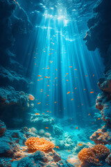 A vertical underwater photo, showcasing marine life from top to bottom. Concept of underwater photography tailored for vertical composition. Generative Ai.