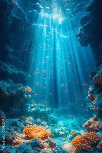 A vertical underwater photo, showcasing marine life from top to bottom. Concept of underwater photography tailored for vertical composition. Generative Ai.