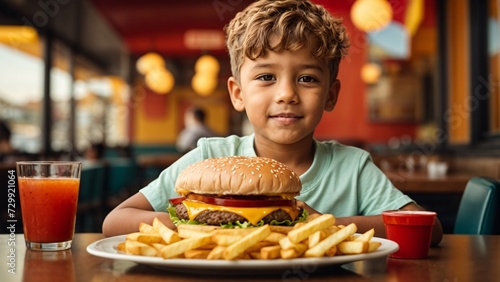 Cute kid eating hamburger in a fast food restaurant