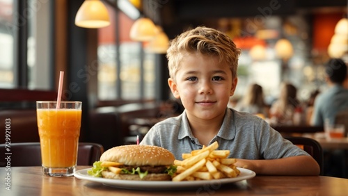 Cute child sitting and eating hamburger in fast food restaurant