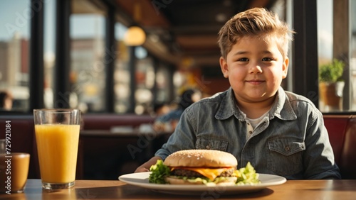 Child boy sitting and eating hamburger in fast food restaurant 